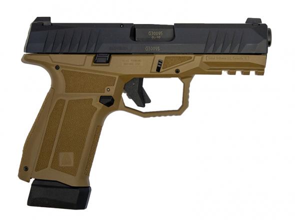arex defense global ordnance arex delta m 9mm, striker fired, 4" barrel, back straps, fde, mags 1 15rd & 1 17rd