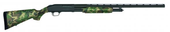 mossberg, model 500, pump action, 12ga, 3" chamber, 28" barrel, 5+1 round, woodland camo stock