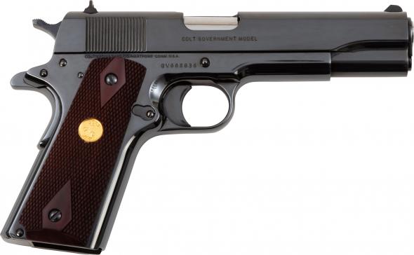 colt 1911 national match government 45 acp 5" barrel, 7+1 round, royal blue polished blued steel slide wood grip