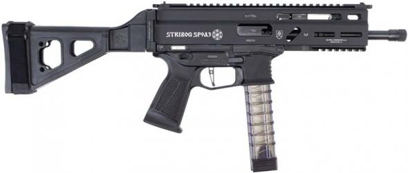 grand power stribog sp9a3, 9mm, 8" barrel, flip-up steel sights, folding sbt brace black, 3 30rd mags