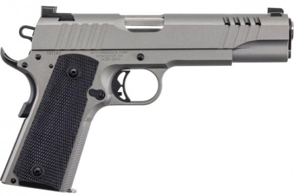 auto ordnance 1911 stainless steel, 45acp, 5" barrel, black rubber grips,savage cerakote, 7rd