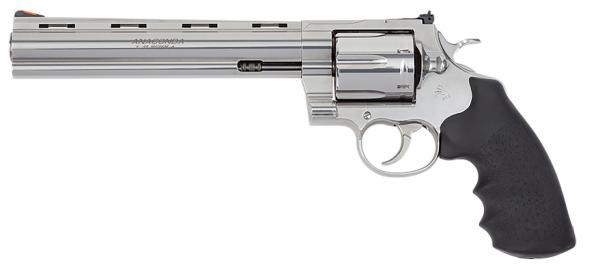 colt mfg, anaconda, 44 mag, 6 round, 8" barrel, semi-bright stainless steel, black hogue rubber grip