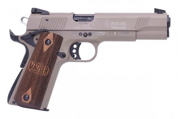 mauser, rimfire 1911, 22 long rifle, 5" barrel, tan finish, walnut grips, adjustable rear sight, right hand, 10 round capacity