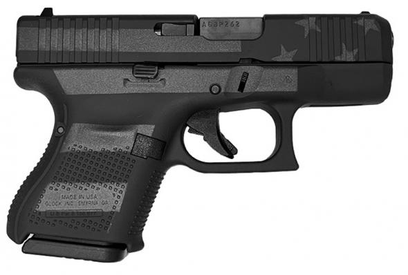glock g26 gen 5, 9mm, 3.5" barrel, fixed sights, front serrations, stealth flag, 3 10-rd mags