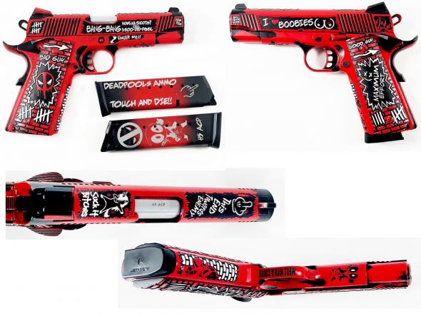 custom deadpool themed 1911 commander in 45acp cerakoted and laser engraved 2 mags