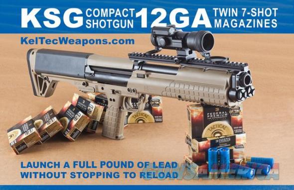 KSG Desert Tan Kel Tec Shotgun 12 Gauge 18.5 Inch Barrel 2.75 Inch Chamber Picatinny Rails Dual Magazine Tubes 14 Rounds