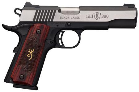 browning black label medallion pro 1911 semi auto pistol 380 acp 4.25" barrel 8 rounds rosewood grips night sights black/stainless steel