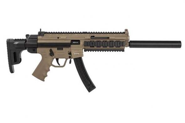 american tactical, gsg-16 carbine, semi-auto, 22 lr, 16.25" barrel, flat dark earth, collapsible stock, adjustable sights, faux suppressor, 10 rounds