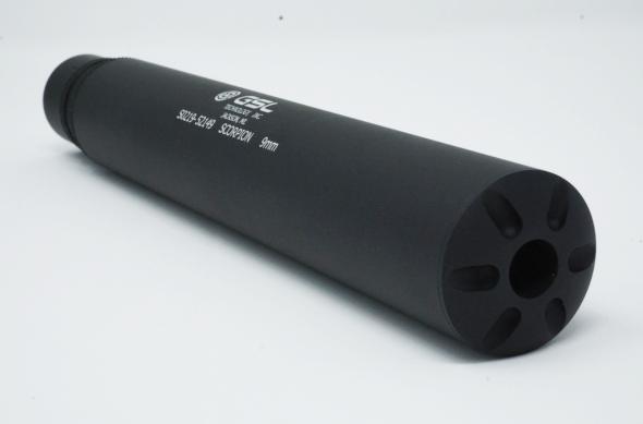 gsl''s new scorpion smg supressor 9mm 10 32 db 3 lug tri-lock (mp5) or gsl bilock qd options for 1/2x28 or 1/2x36 full auto, qd, 7075 aluminum