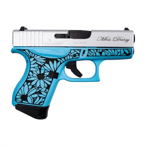 glock, g43, striker fired, 9mm, 3.39" barrel, cerakote robins egg blue daisy engraved, fixed sights, 6 rounds
