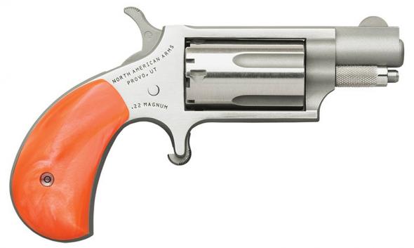 north american arms mini-revolver, 22 mag, 1 1/8" barrel, fixed sight, stainless, orange pearlite grip, 5-rd