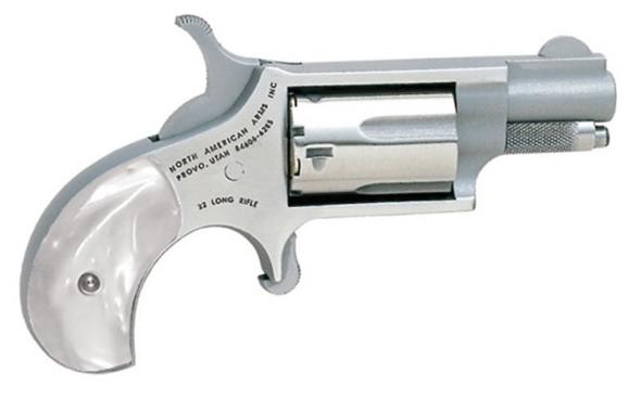 north american arms mini-revolver, .22 lr, 1.13" barrel, fixed sight, stainless, white pearlite grip, 5-rd, ivs exclusive