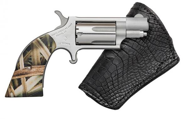 north american arms mini-revolver gator gun, .22 mag, 1.13" barrel, fixed sight, stainless, mogb grip, black ip gator skin holster