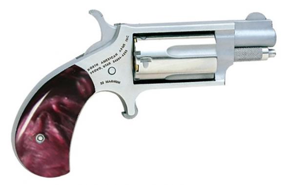 north american arms mini-revolver, .22 mag, 1.13" barrel, fixed sight, stainless, purple pearlite grip, 5-rd