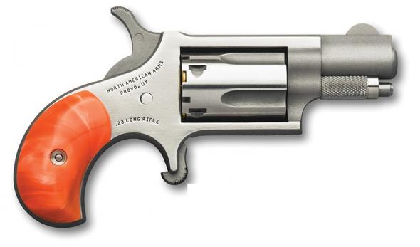 north american arms mini-revolver, .22 lr, 1.13" barrel, fixed sight, stainless, orange pearlite grip, 5-rd