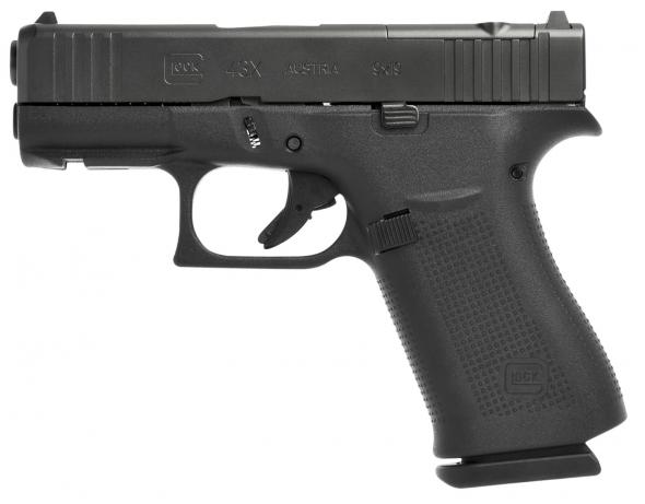 glock g43x 9mm luger 3.41" barrel 10+1 black black ndlc steel with front serrations black rough texture interchangeable backstraps grip fixed sights