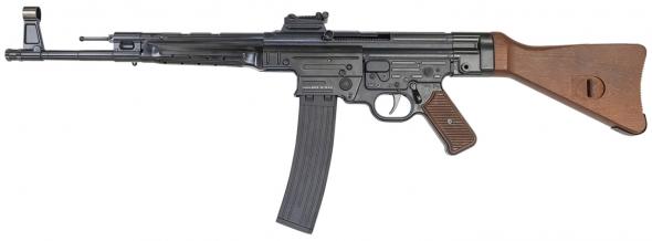 mauser rimfire, stg-44, semi automatic, 22 lr, 16.50" barrel, black receiver, right hand, natural wood stock, adjustable rear sight, 10+1 rounds