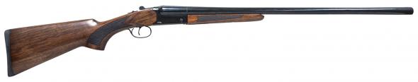 pointer, side by side, 12 gauge, 3" chamber, 28" blued barrel/rec, fixed walnut stock, 2 rounds