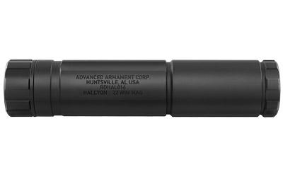 advanced armament corp, halcyon rimfire suppressor, 1" diameter, modular, 22lr, 17hmr, 22mag, 17-4ph stainless & titanium, 5.28" in long...
