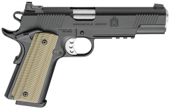 springfield, operator 1911, semi automatic, 9mm, 5" barrel, black cerakote finish, green g10 grips, tactical rail, right hand, 9 round capacity