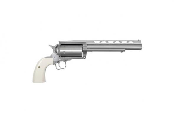 magnum research, bfr, long cylinder, single action, 45 colt (lc),410 gauge, 5 round, 7.50" barrel, overall stainless steel bisley with white laminate...