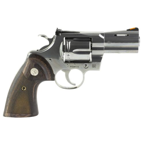 colt mfg python 38 special, 357 mag 3" chamber overall stainless steel with walnut target grip 6 rounds