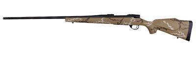 weatherby, vanguard outfitter, bolt action, 6.5 prc, 24" threaded barrel, brown and white hand sponge paint, two stage adjustable trigger, accubrake...