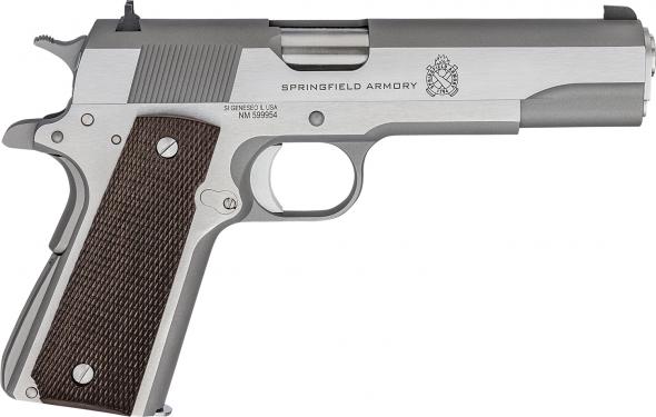 springfield armory, 1911 mil-spec defend your legacy, 45 acp, 5" satin stainless steel match grade barrel, stainless serrated slide, checkered wood...