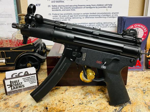 hk, sp5k-pdw, semi-automatic, 9mm, 5.9" threaded barrel, matte black, ambidextrous, polymer pistol grip, iron sights, ambidextrous safety, 2...