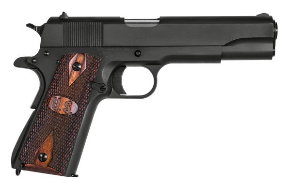 auto ordnance, 1911a1, single action, 9mm, 5" barrel, black, right hand, wood grips, blade front sight/ adjustabe rear sight, thumb and grip safety,...