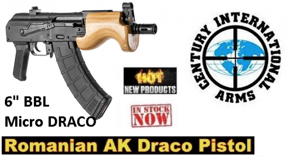 Century Micro Draco AK Pistol, Semi-automatic, 762X39, 6" Barrel, Steel Frame, Black Finish, Polymer Grips, Comes with 1-10Rd and 1-30Rd magazine, Removable Flash Hider, Wood Hand Guard