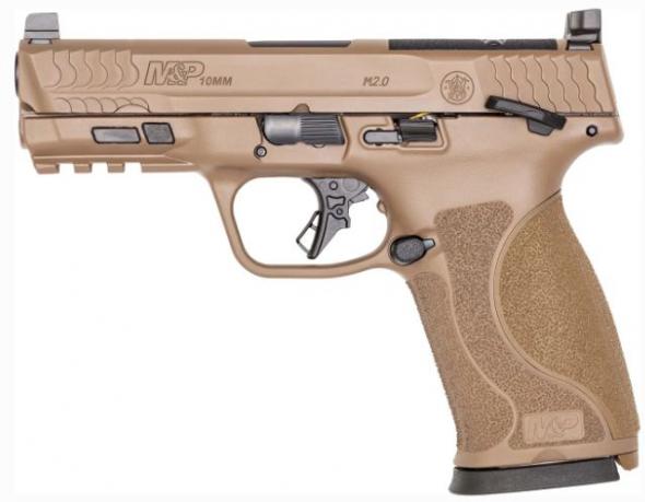 smith & wesson, m&p 2.0, semi automatic, 10mm, 4" barrel, flat dark earth finish, fixed sights, optic cut, thumb safety, right hand, 15 round...