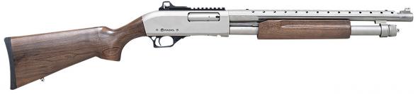 citadel, mariner, pump-action shotgun, 12 gauge, 3" chamber, 18.75" chrome lined barrel, matte finish, silver, wood furniture, 4 rounds, includes 3...