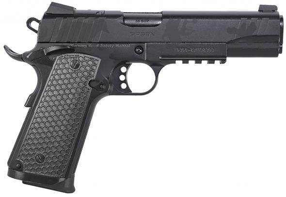girsan, mc1911 s, influencer, full size, 38 super, 5" barrel, black steel barrel, black optic ready serrated steel slide, black polymer grip, 9...