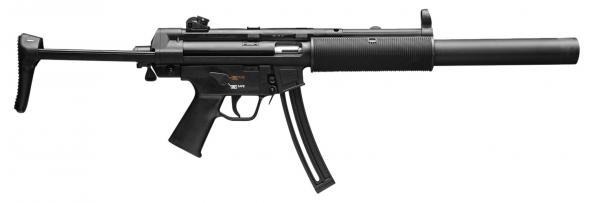 hk mp5 22 lr 16.10" barrel black retractable stock black polymer grip faux suppressor right hand 25 rounds