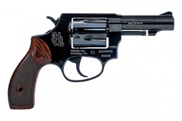 heritage, roscoe, talo edition, double/single action revolver, compact, 38 special, 3" barrel, blued finish, black, rosewood and pearl grips, fixed...