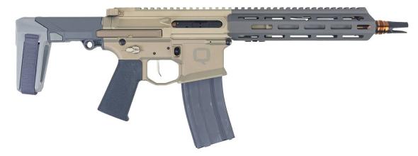q, honey badger handgun, 5.56 nato, 30 round magazine, 10" threaded barrel, grey accents with brace