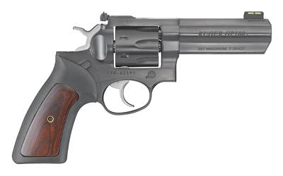 ruger, gp100, revolver, 357 magnum, 4.2" barrel, blued finish, rubber grips with wood inlay, fiber optic front and adjustable rear sights, 7 rounds