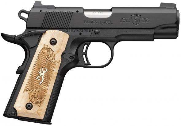 browning, 1911-22 black label medallion, single action semi auto pistol, 22 lr 3.63" barrel, blued finish, maple grips, 10 round capacity