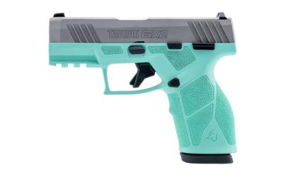 taurus usa, gx2, semi-automatic, striker fired, compact, 9mm, 3.38" barrel length, matte finish, cyan and silver, manual safety, white dot front...