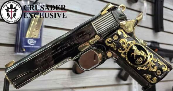 colt 1911 by seattle engraving "black mirror finish w/ gold accents" 45acp