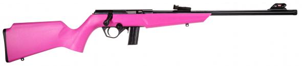 rossi, rb22, bolt action rifle, 22lr, 16" barrel, blued finish, black, pink synthetic stock, compact, adjustable fiber optic sights, 10 rounds