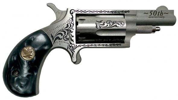 north american arms 50th anniversary 22 mag 5 shot 1.63" matte stainless w/"50th anniversary" & scroll engraving, black pearl grip, exposed hammer