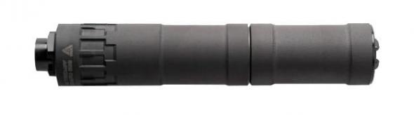 chaos gear supply, mod9x, suppressor, 9mm, 7.7" long, 9 oz, 7075 aluminum construction, 1/2x28 thread pitch, matte finish, black