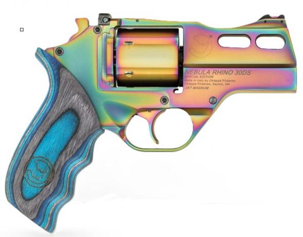 chiappa, rhino 30sar, 357 magnum, 6 shot, 3" barrel, nebula multi color finish, blue grips, 6 rounds