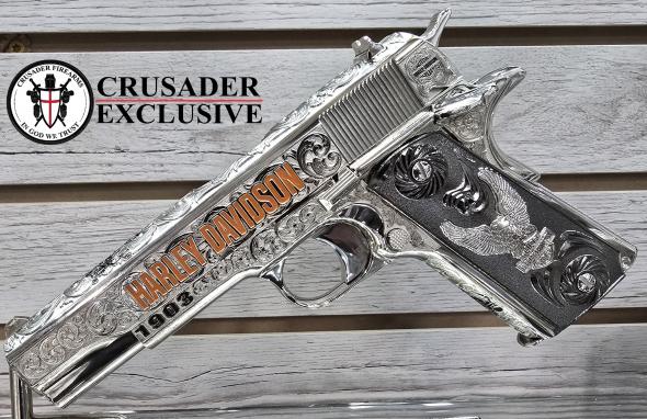 colt 1911 government classic - nickel plated & engraved "harley davidson" edition