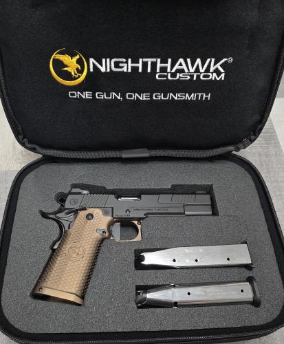 nighthawk custom envoy  9mm double-stack 1911 government model (ambassador series)  sandhawk tan / black nitride  rmr cut with ios plate