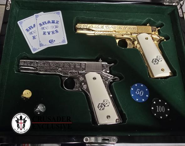 the first-ever "snake eyes" matched pair of custom colt 1911 pistols