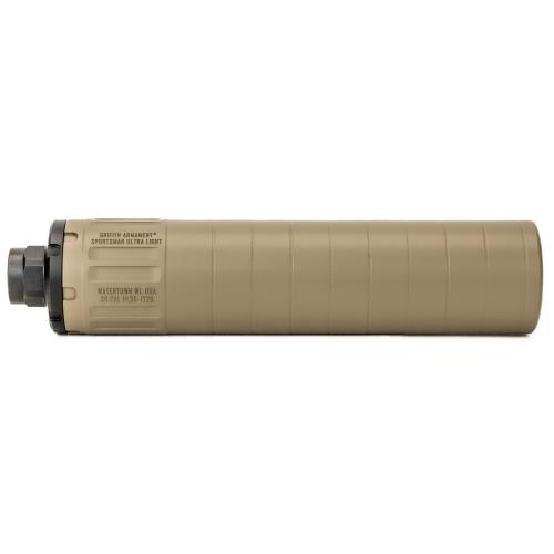 griffin armament, sportsman ultra light 36hd, suppressor, 6.09" long, 36 caliber, 17-4 stainless steel, cerakote finish, flat dark earth, hub...