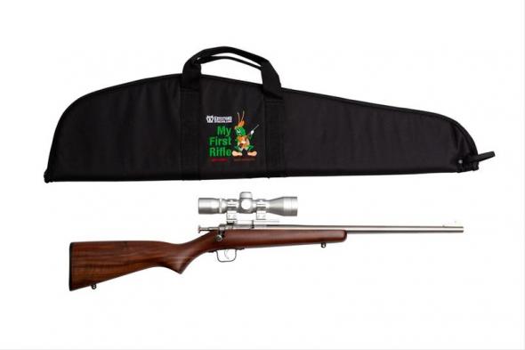 crickett, my first rifle package, single shot bolt action, 22 long rifle, 16.1" barrel, stainless finish, american walnut stock, includes 4x32 scope...